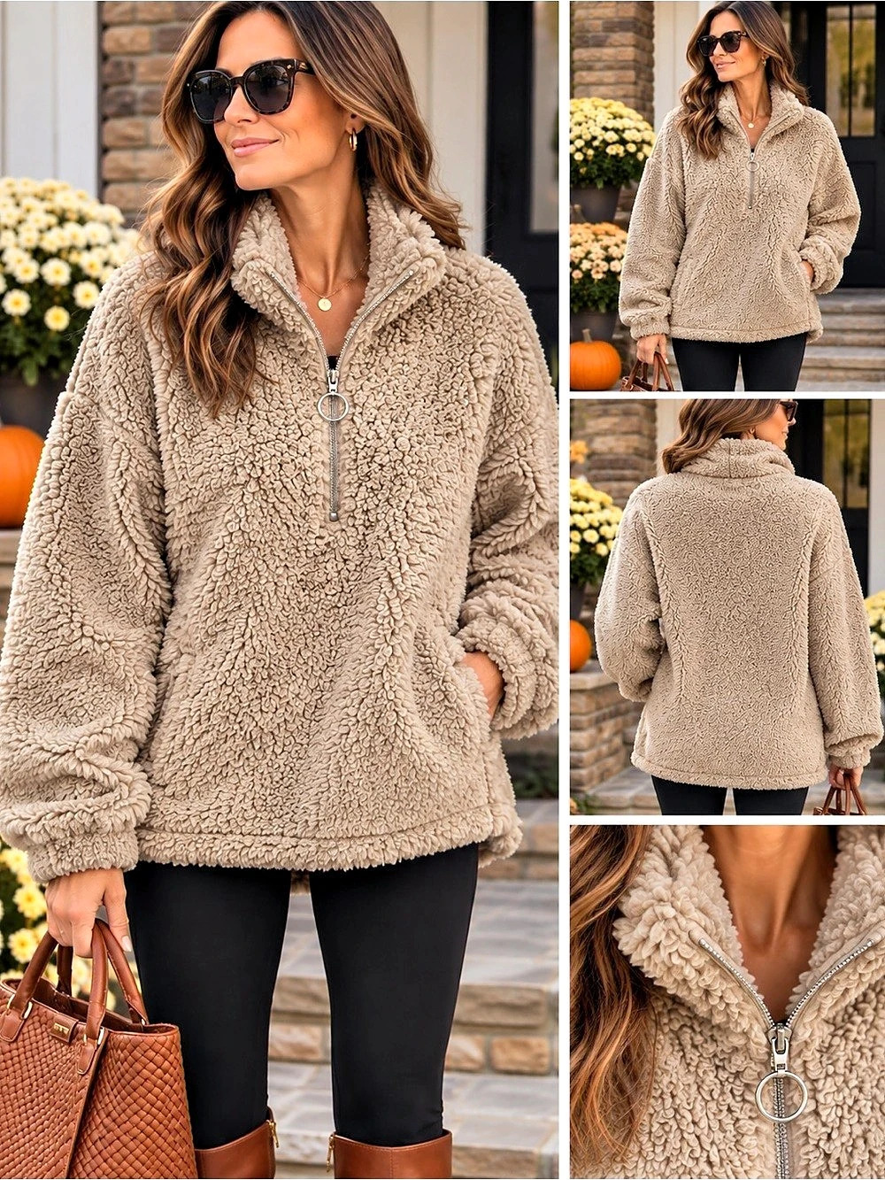 Express Sherpa Half-Zip Pullover Teddy Fleece Brown Medium